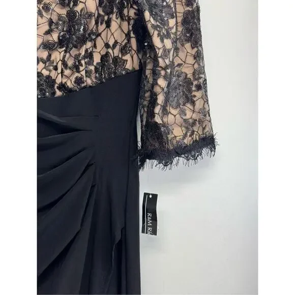 R&M Richards Gown Size 10 Black Beige Lace 3/4 Sleeve Maxi Front Slit Sequined
